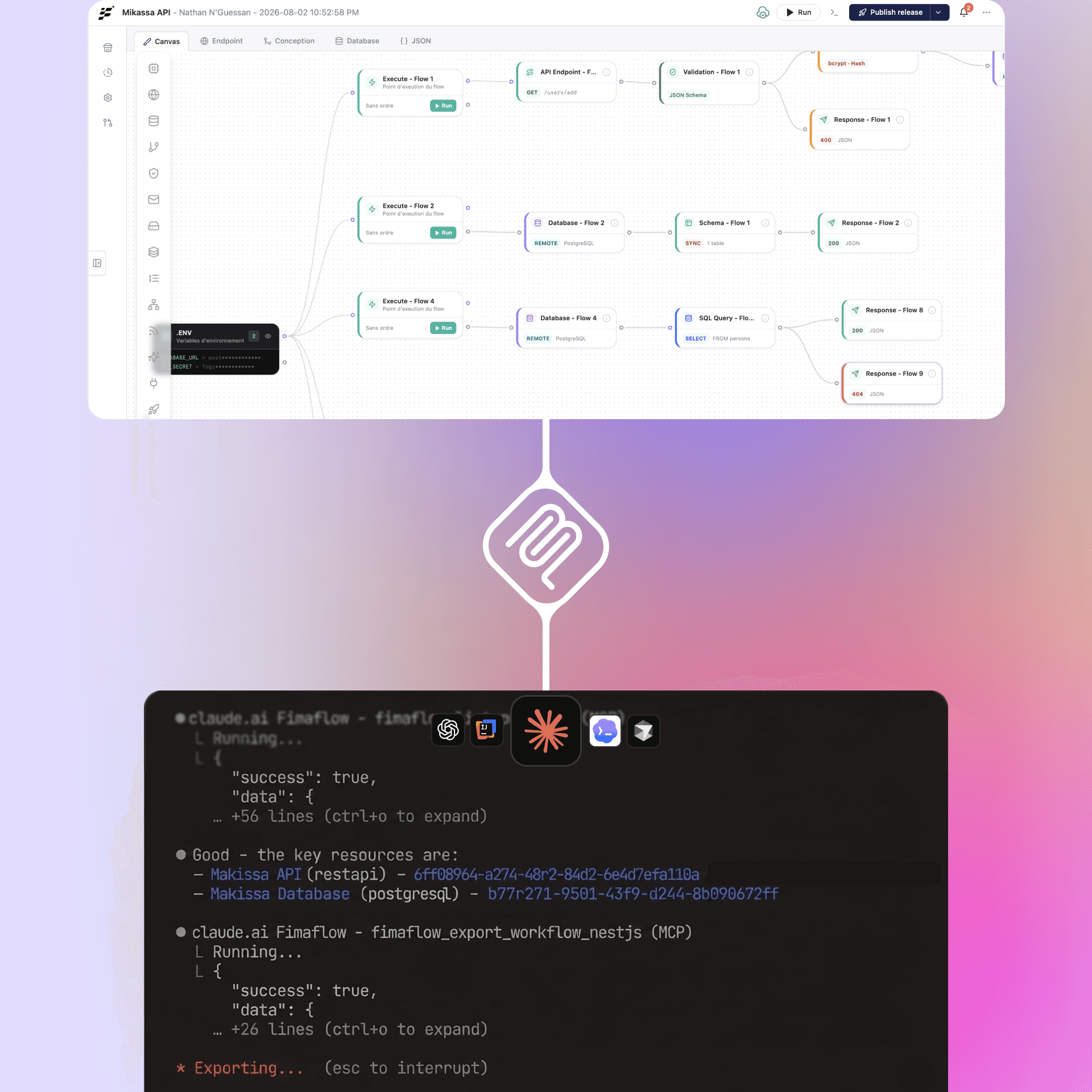 Fimaflow workflow being exported through an MCP call from an AI coding agent